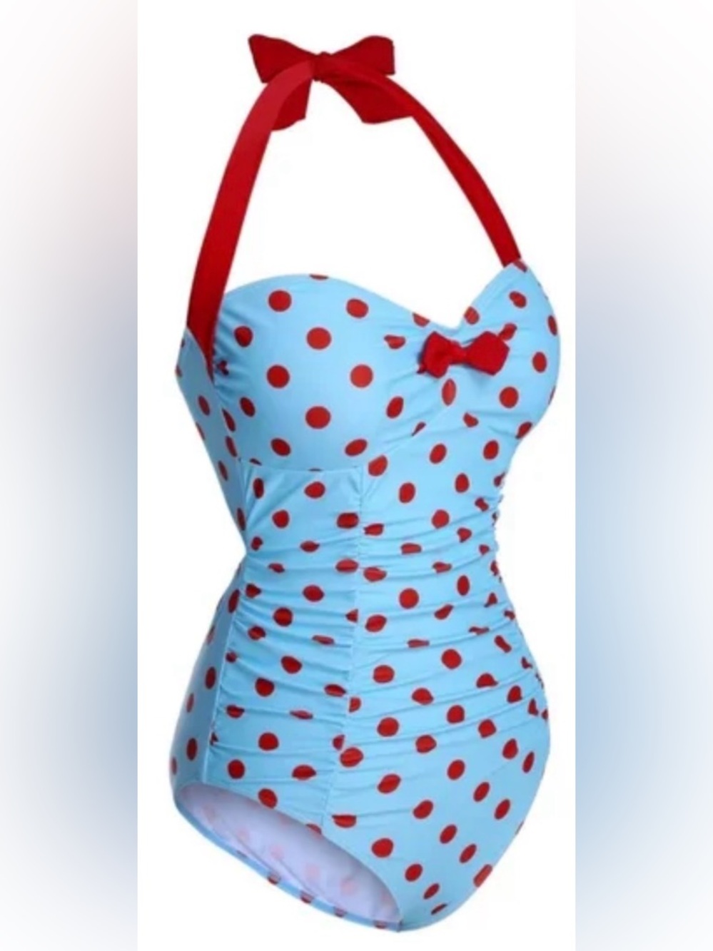 Retro pin up girl Light Blue One-Piece Swimsuit with Red Polka Dots